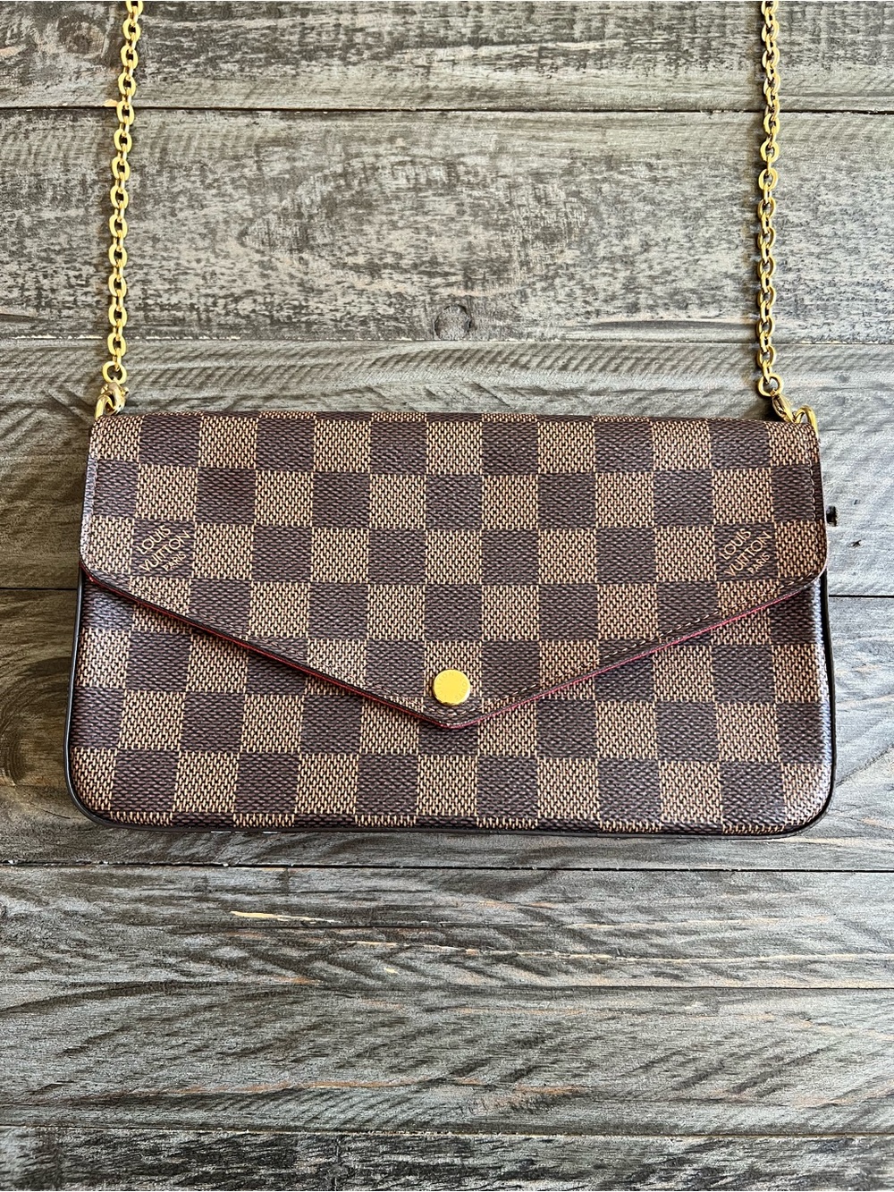 Louis Vuitton Envelope Crossbody Bag with Gold Chain and matching pouch